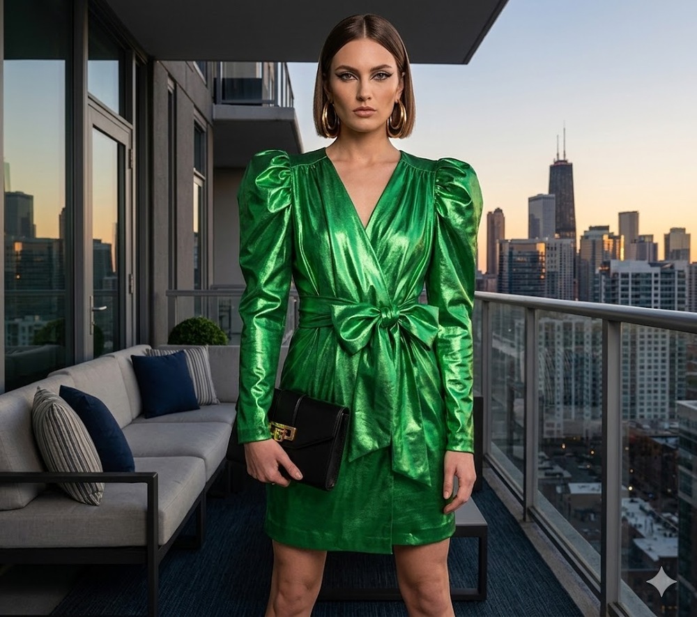 NEW Happy x Nature NY&C Twilight Mini Dress Size Zero Green Puff Sleeve 80s Glam